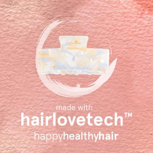 Haarspange mit marmoriertem Muster. Text: made with hairlovetech, happy healthy hair.