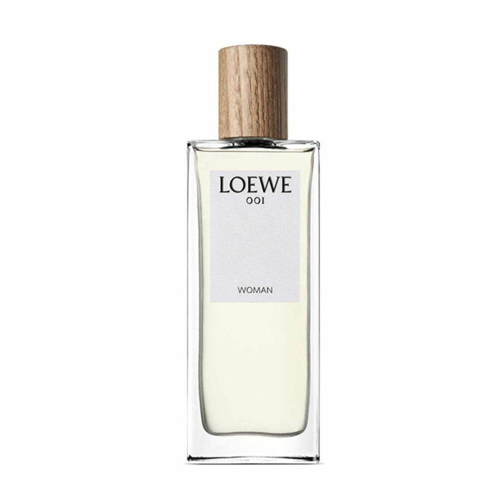 Loewe 001 Woman Edp Spray. Rechteckiger Glasflakon mit Holzverschluss. Weißes Etikett mit Logo und Schriftzug.