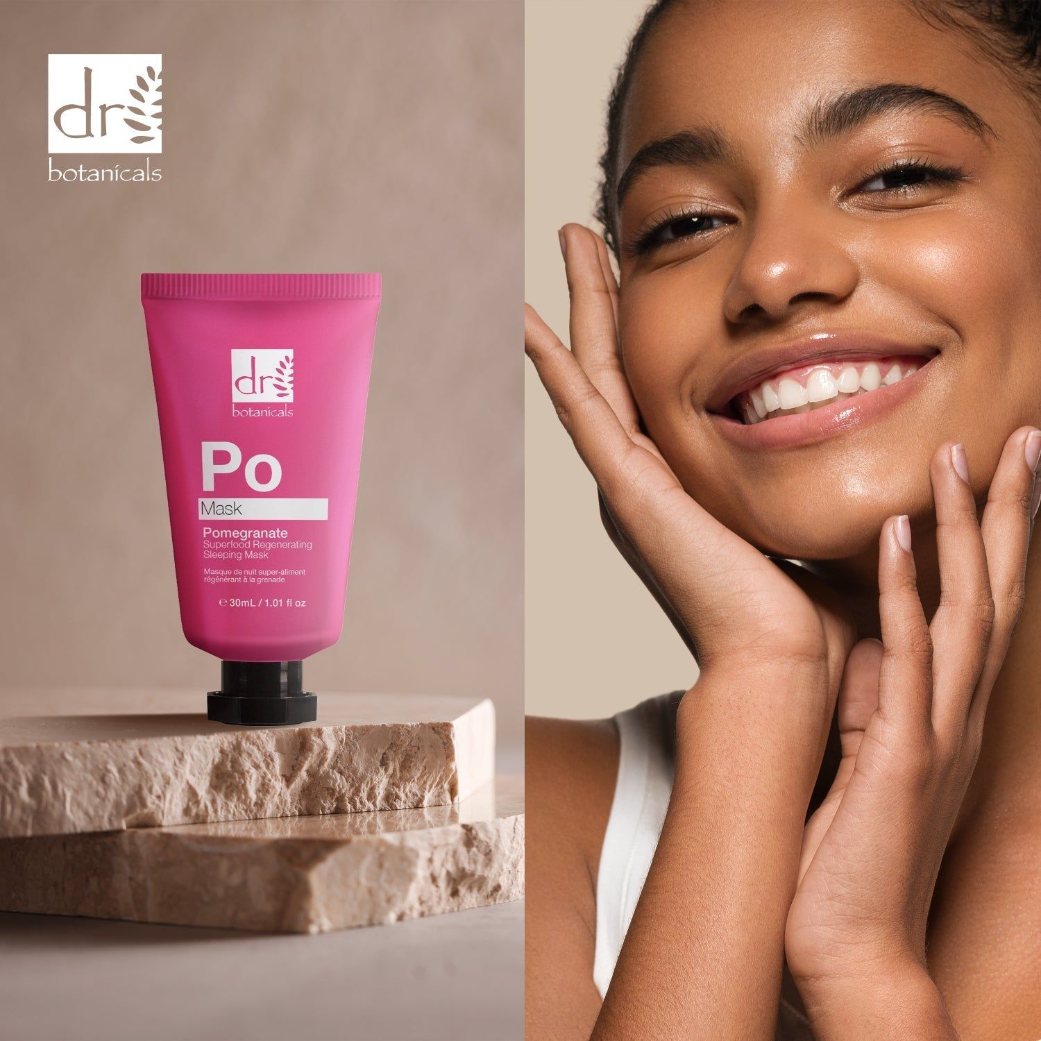 Rosa Tube neben lächelnder Frau. Aufschrift: Dr Botanicals, Po Mask, Pomegranate Superfood Regenerating Sleeping Mask.