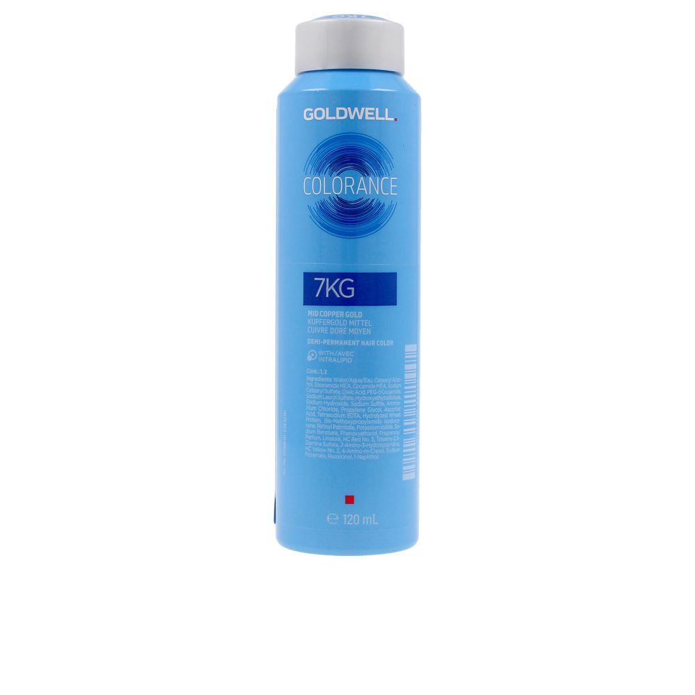 Goldwell COLORANCE Haarfarbe, blaue Flasche mit weißem Deckel. Aufschrift: 7KG, COLORANCE, 120 ml.