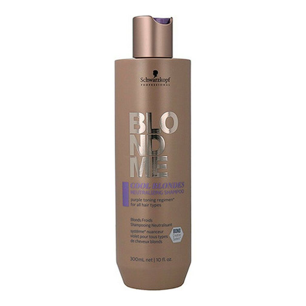 Schwarzkopf BlondMe Cool Blondes Shampoo. Braune Flasche. Text: BlondMe, Cool Blondes. Lila Akzente. 300ml.