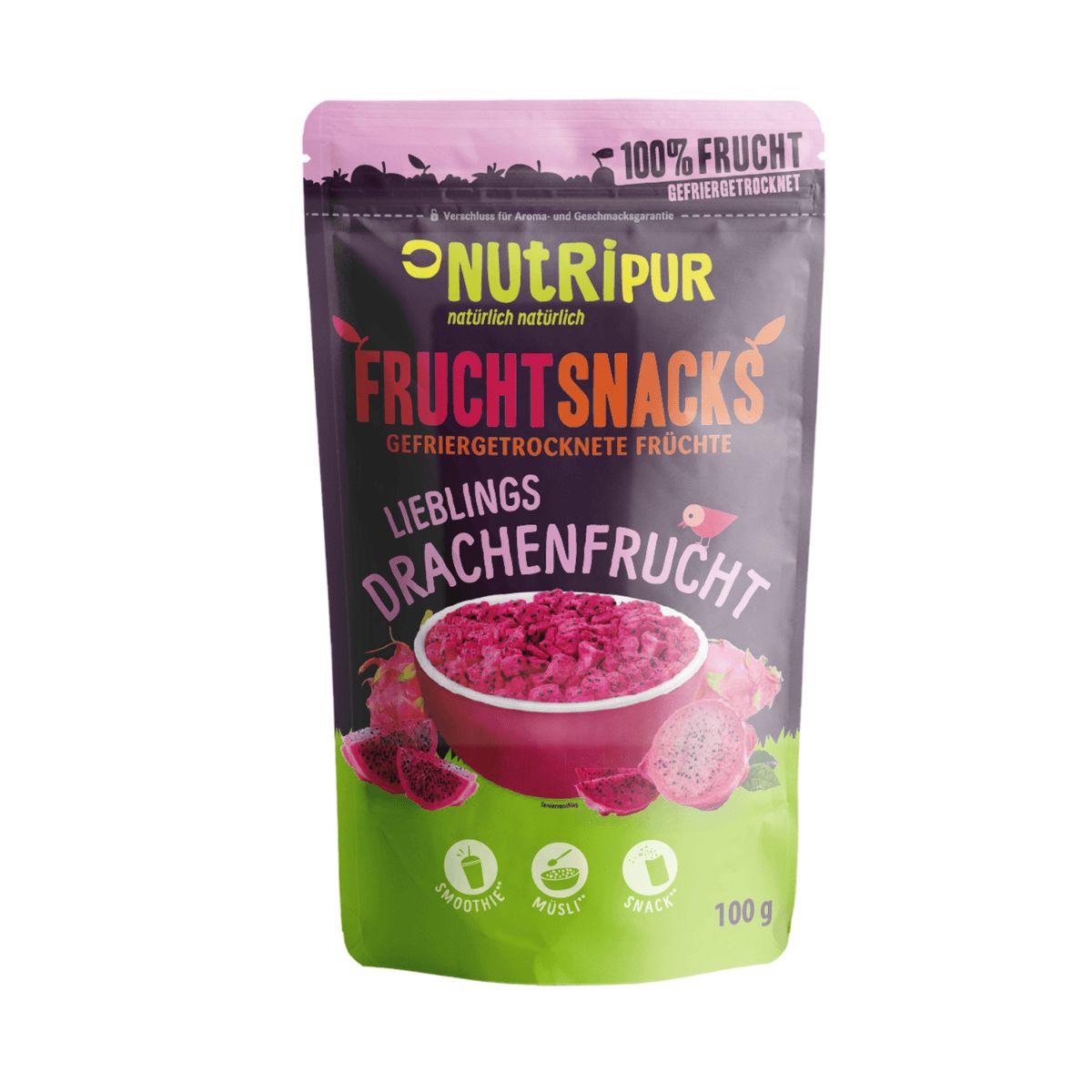 Beutel NutriPur Frucht Snacks, gefriergetrocknete Drachenfrucht. 100g Packung.