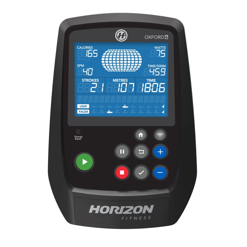 Digitales Display der Horizon Fitness Oxford 6. Zeigt Kalorien, Watt, SPM, Zeit, Meter und Schläge an. Mit Tasten.