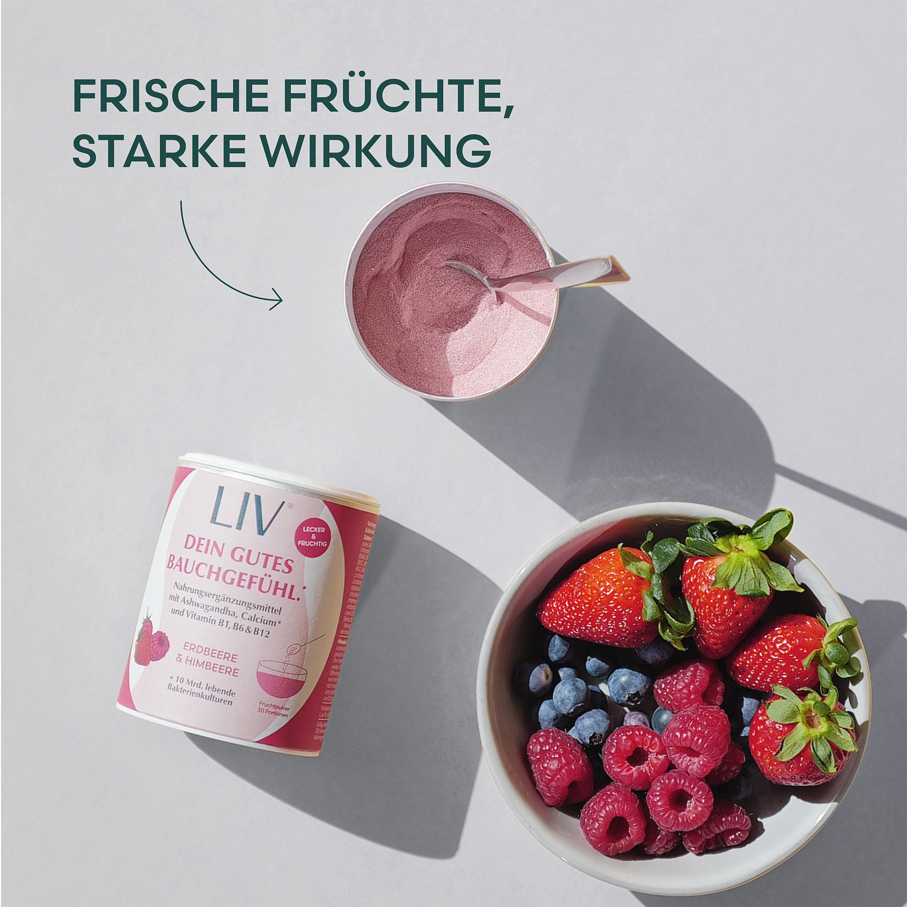 Dose mit Produkt, Beeren und Joghurt. Text: LIV, Dein gutes Bauchgefühl, Himbeere & Erdbeere.