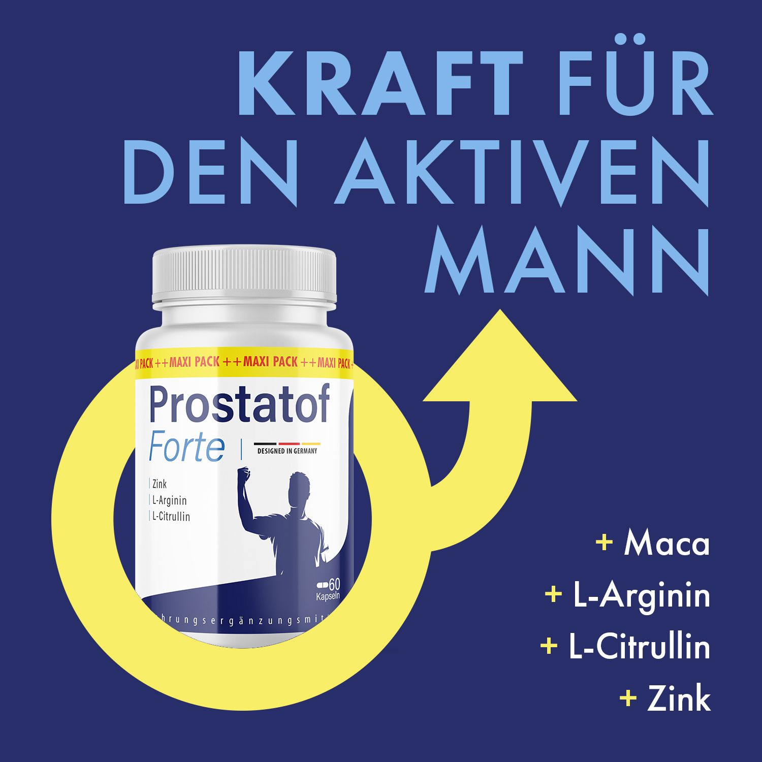 Blauer Hintergrund mit gelbem Männlichkeits-Symbol und Pfeil. Dose Prostatof Forte. Text: Kraft für den aktiven Mann. Inhaltsstoffe.