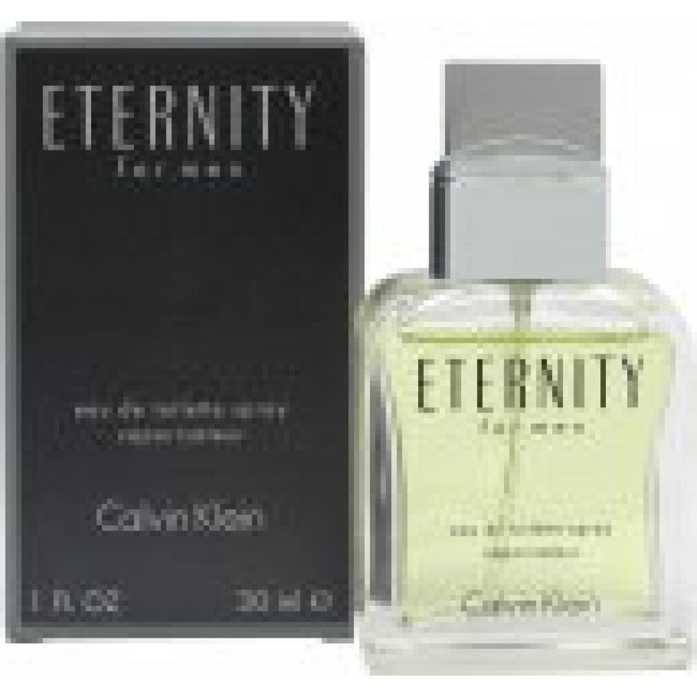 Eternity for Men Eau de Toilette Spray. Flakon und Schachtel. Schwarze Schachtel mit Produktnamen. Klarer Flakon mit silbernem Verschluss.