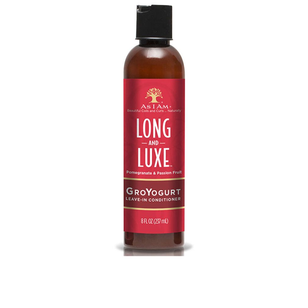 Braune Flasche mit rotem Etikett. Text: LONG AND LUXE, GroYogurt Leave-In Conditioner. Schwarzer Deckel. 8 fl oz (237 ml).