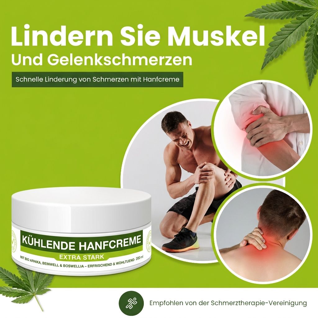 Weißes Tiegel mit grüner Aufschrift: KÜHLENDE HANFCREME. Extra Stark. Mann mit Schmerzen am Knie und Nacken. Grünes Blatt.