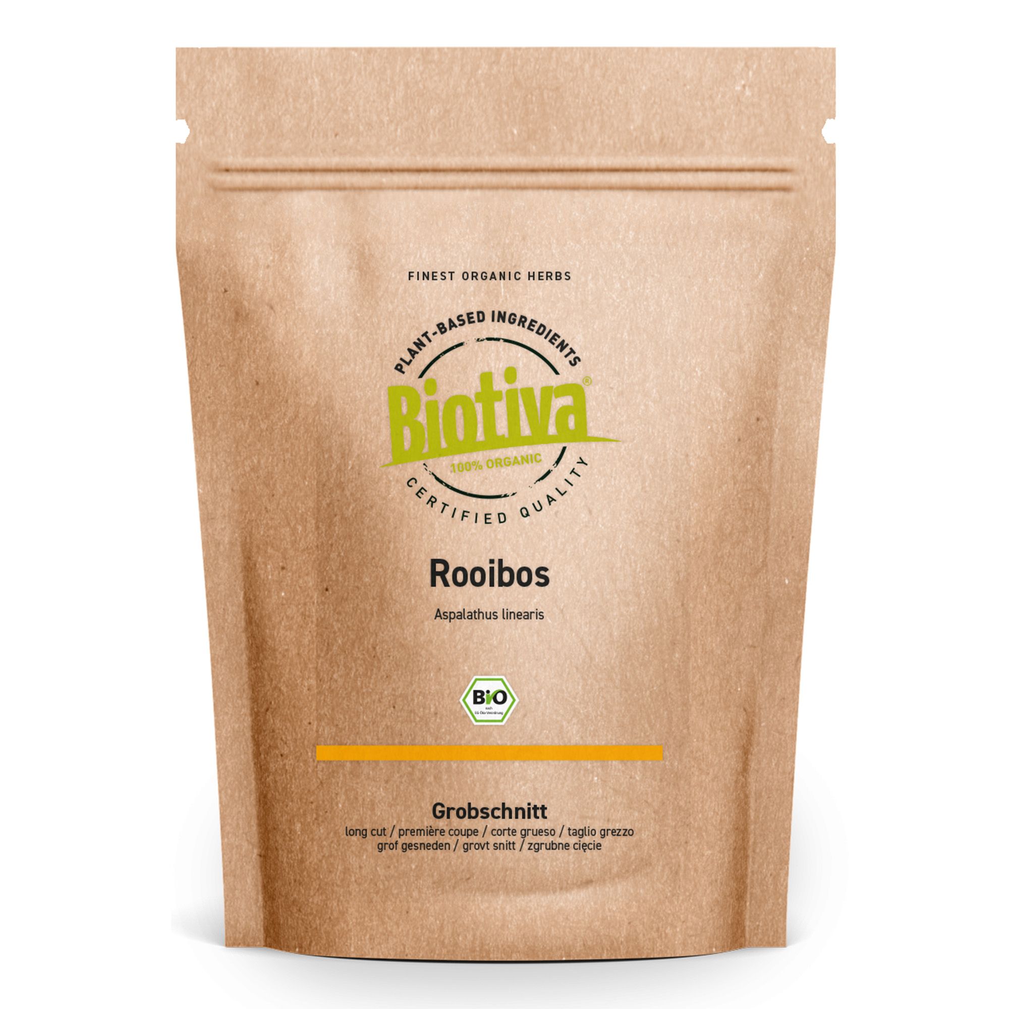 Braune Standbeutel mit Biotiva-Logo und Rooibos-Aufdruck. Bio-Siegel. Text: Grobschnitt, 100% Organic.