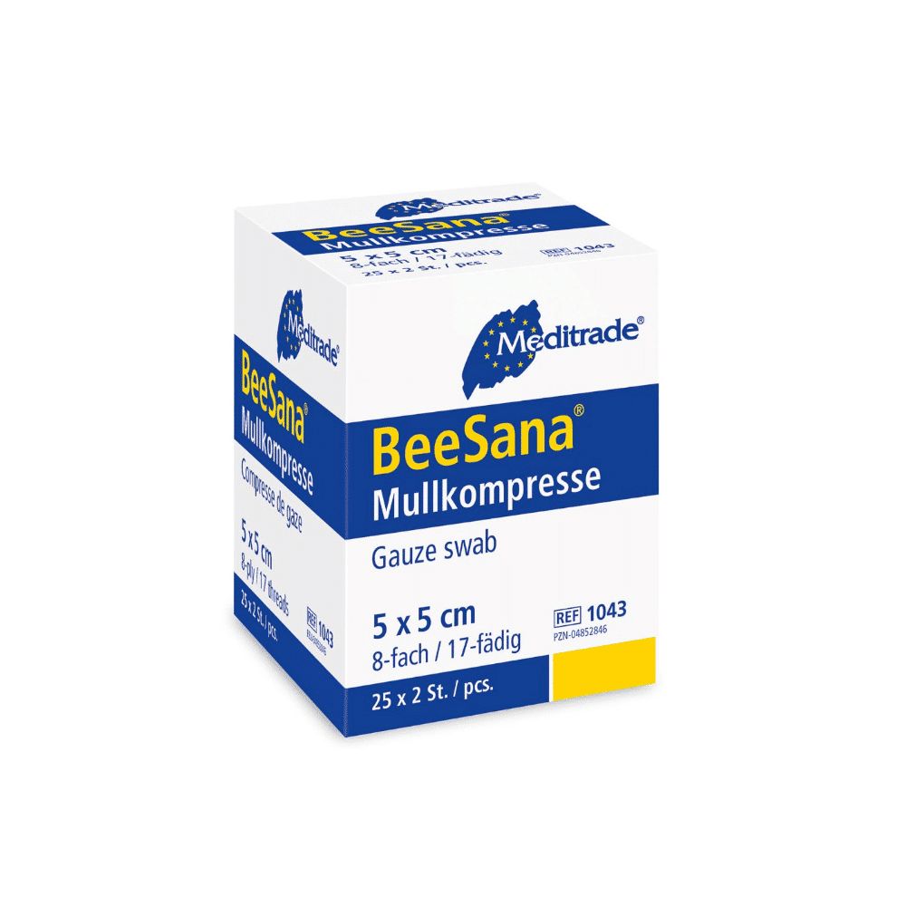 Verpackung von Mullkompressen. Aufschrift: BeeSana Mullkompresse, 5 x 5 cm, 8-fach/17-fädig. Enthält 25 x 2 Stück.