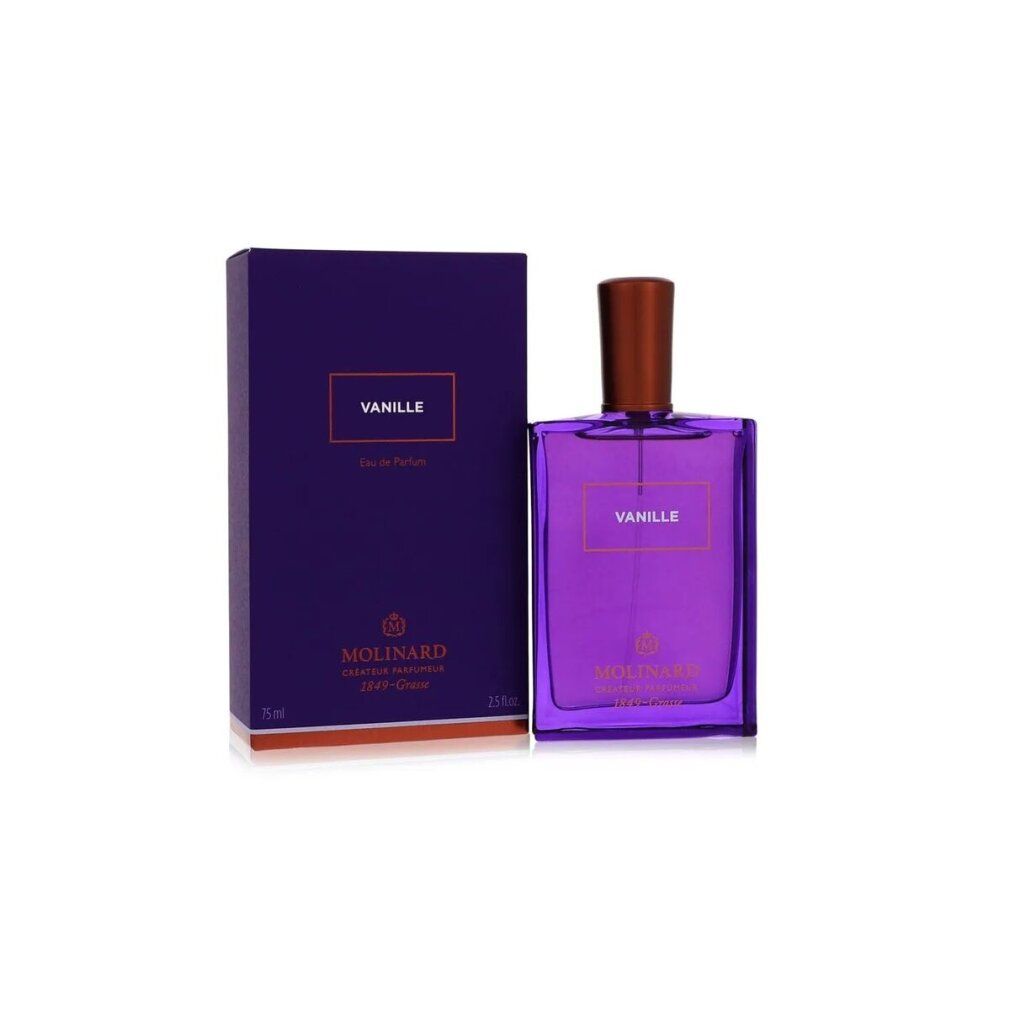 Violette Flasche und Verpackung. Aufschrift: Vanille, Eau de Parfum. Marke: Molinard. Brauner Verschluss. Rechteckige Form.