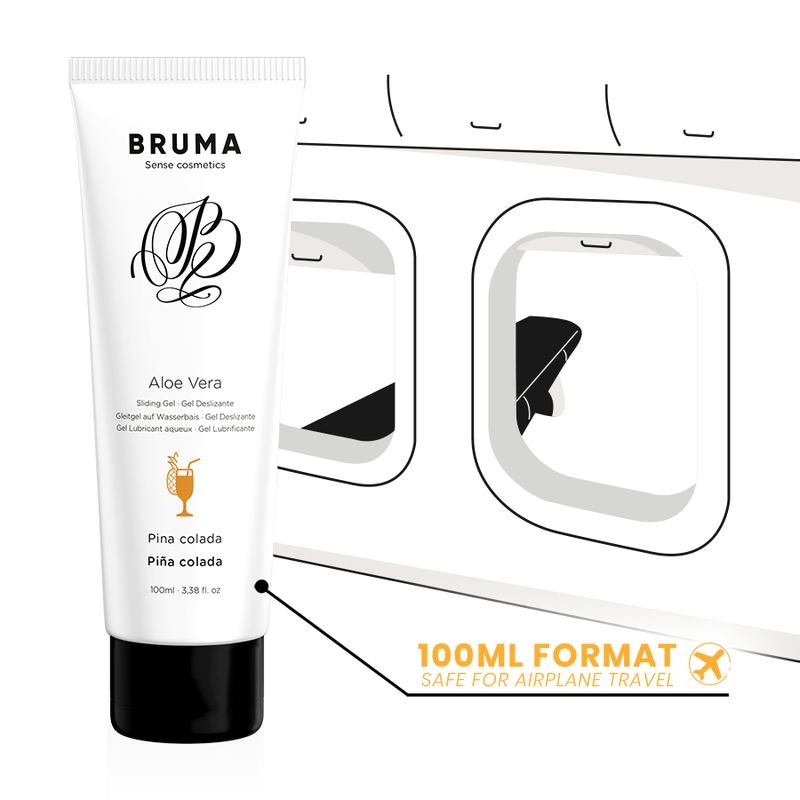 Weiße Tube mit schwarzem Deckel. Aufschrift: BRUMA, Aloe Vera, Pina Colada. Text: 100ml Format, sicher für Flugreisen.