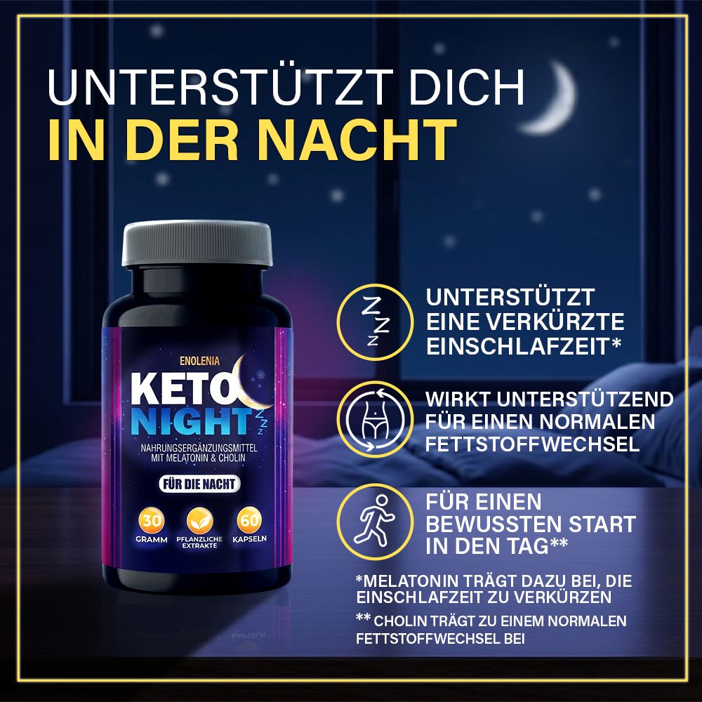 Enolenia Keto Night Dose neben einem Bett mit Icons, die Schlaf und Stoffwechsel symbolisieren.