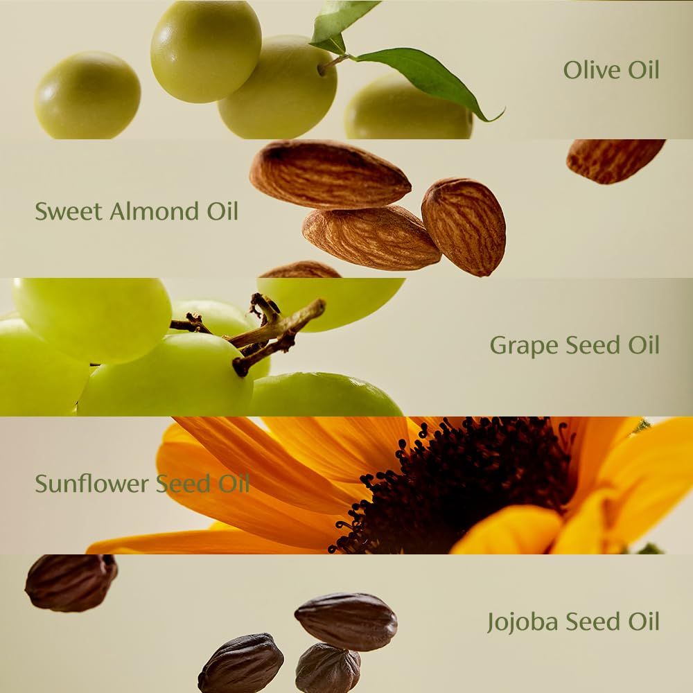 Zusammensetzung des Reinigungsöls: Oliven, Mandeln, Trauben, Sonnenblumen, Jojoba. Text: Olive Oil, Sweet Almond Oil, Grape Seed Oil, Sunflower Seed Oil, Jojoba Seed Oil.