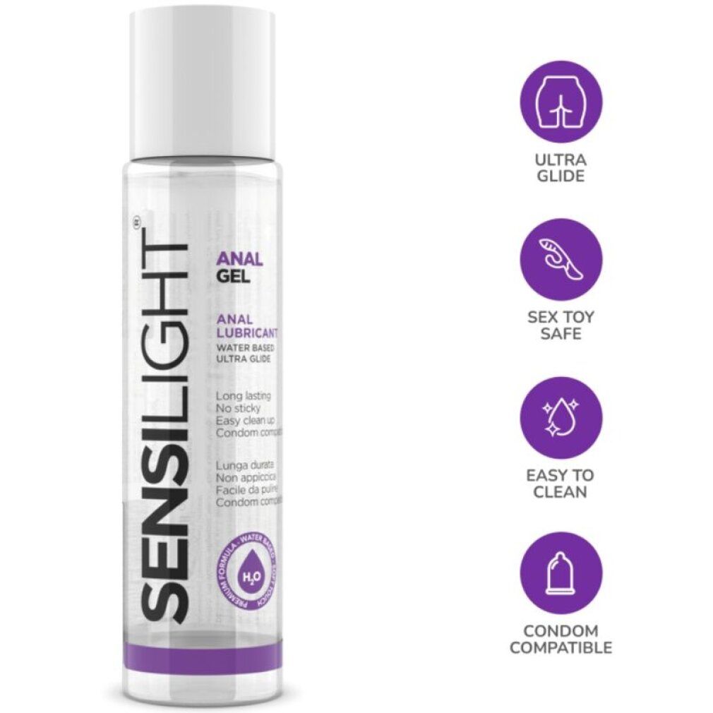 Flasche Sensilight Anal Gel mit Icons: Ultra Glide, Sex Toy Safe, Easy to Clean, Condom Compatible.