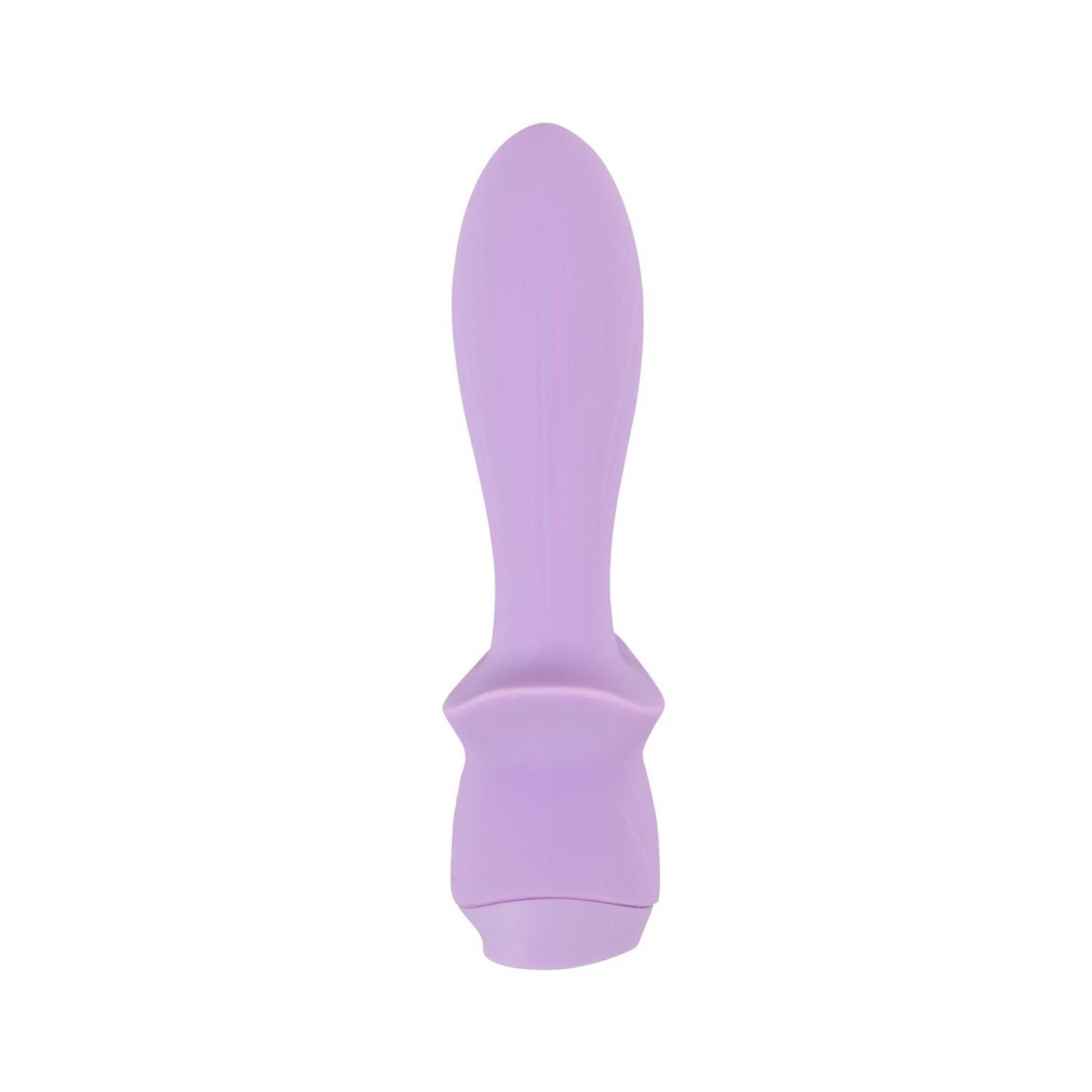 Lila Vibrator mit tropfenförmigem Kopf und abgerundeter Basis. Auf weißem Hintergrund.