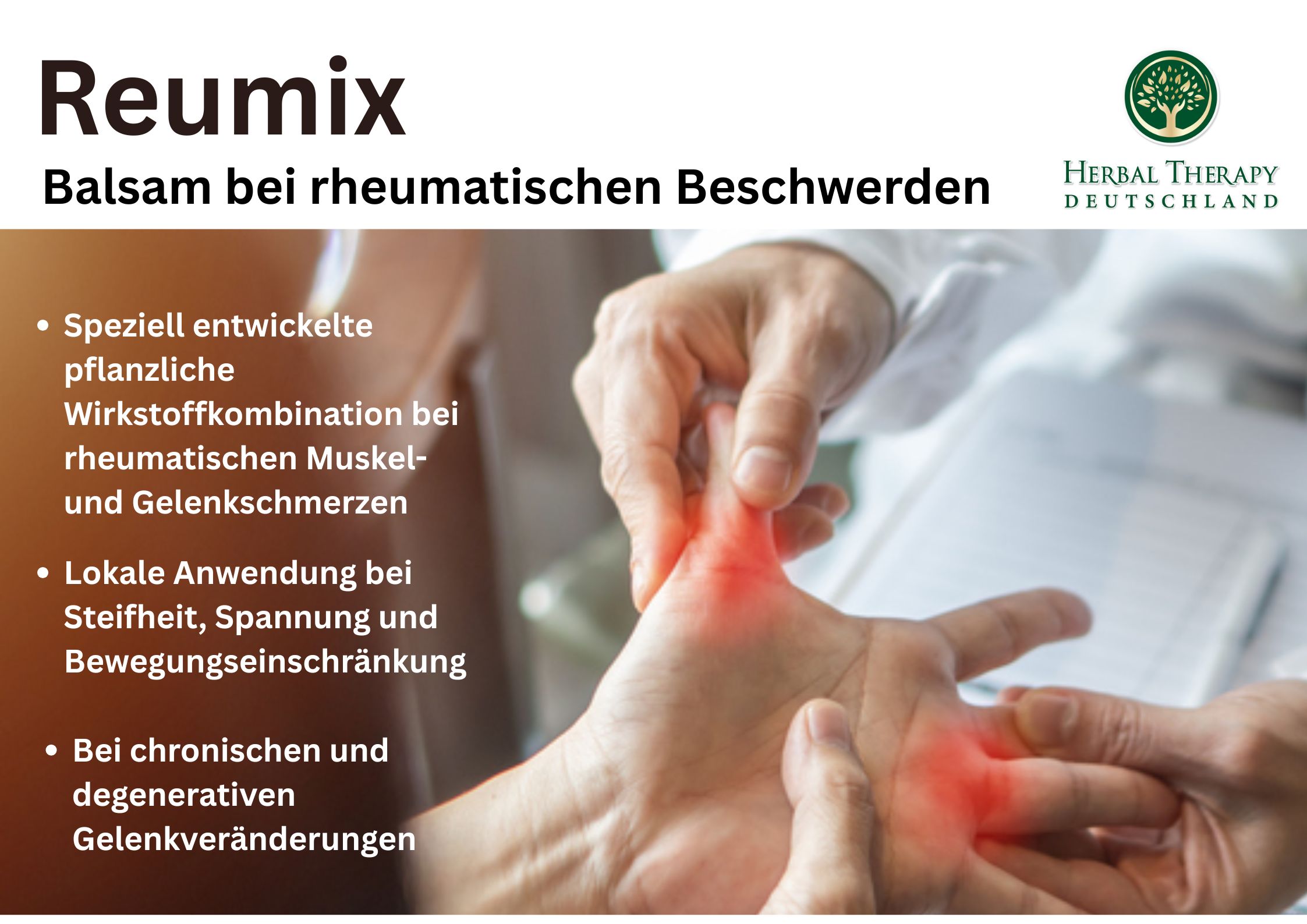 Text mit Aufzählungspunkten. Tube REUMIX, Herbal Therapy Logo. Text: Balsam bei rheumatischen Beschwerden.