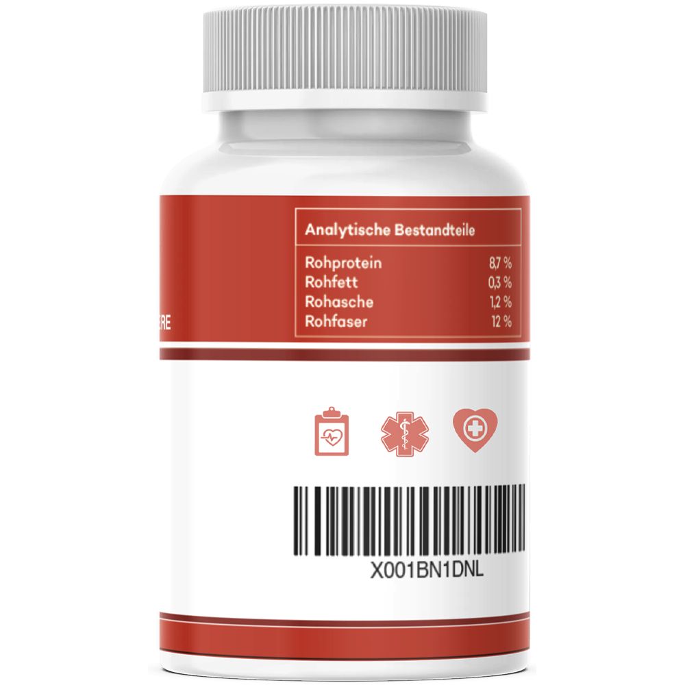 Rückseite der Flasche. Text: Analytische Bestandteile, Rohprotein, Rohfett, Rohasche, Rohfaser. Barcode und medizinische Symbole.