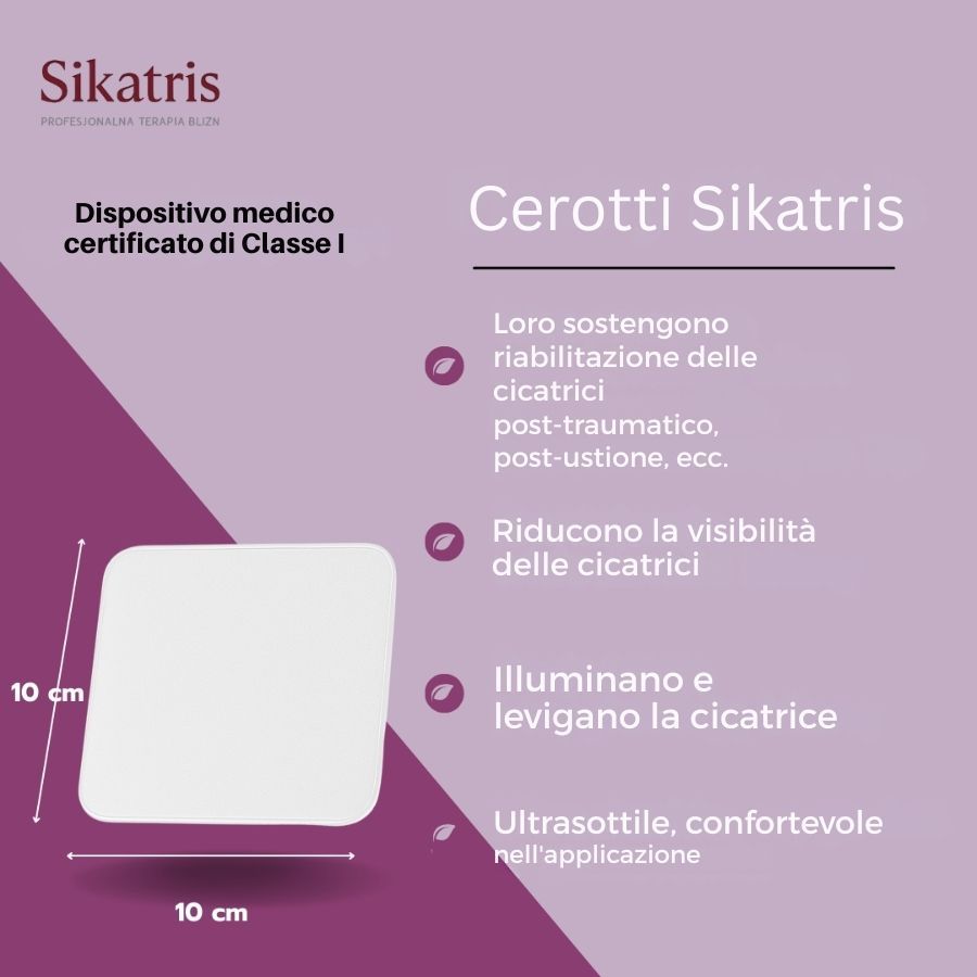 Quadratisches Pflaster, 10x10 cm. Text: Cerotti Sikatris, Medizinprodukt Klasse I. Beschreibt Vorteile.