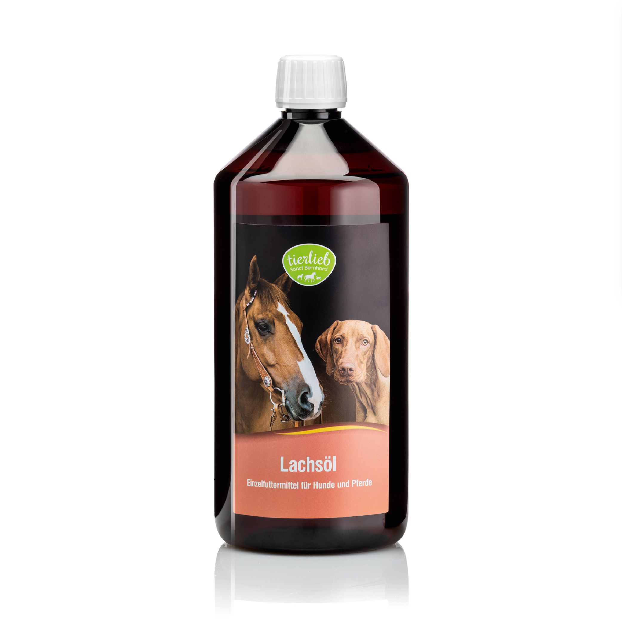 Braune Flasche mit tierlieb Lachsöl. Etikett mit Pferd und Hund. Einzel-Futtermittel für Hunde und Pferde.