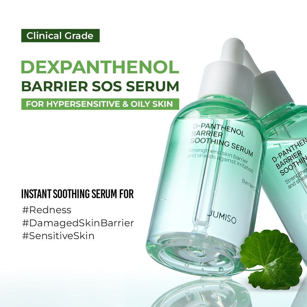 Zwei Serumflaschen. Text: Dexpanthenol Barrier SOS Serum. Für hypersensible & fettige Haut. Marke: JUMISO. Sofort beruhigendes Serum.