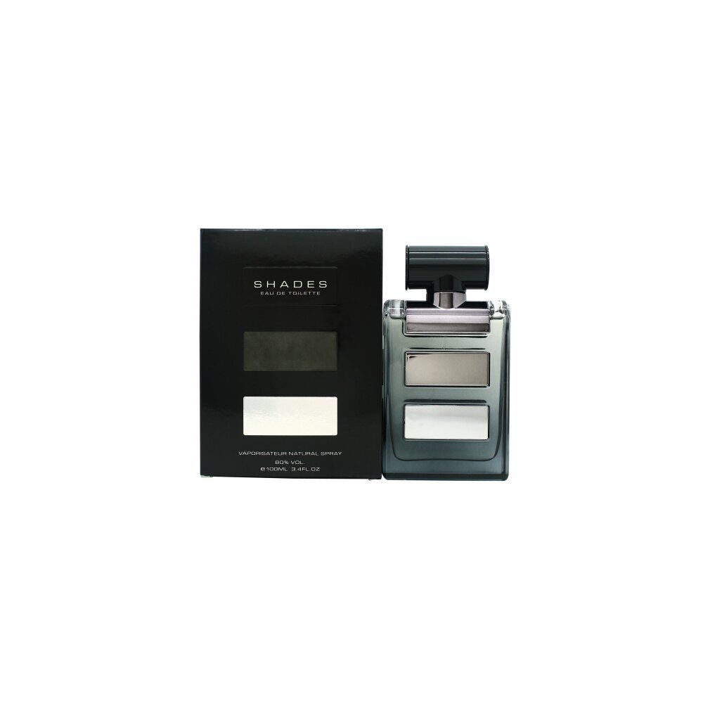 Flakon und Schachtel von Armaf Shades Eau de Toilette. Schwarze Schachtel, grauer Flakon mit silbernen Akzenten. Text: Shades Eau de Toilette.