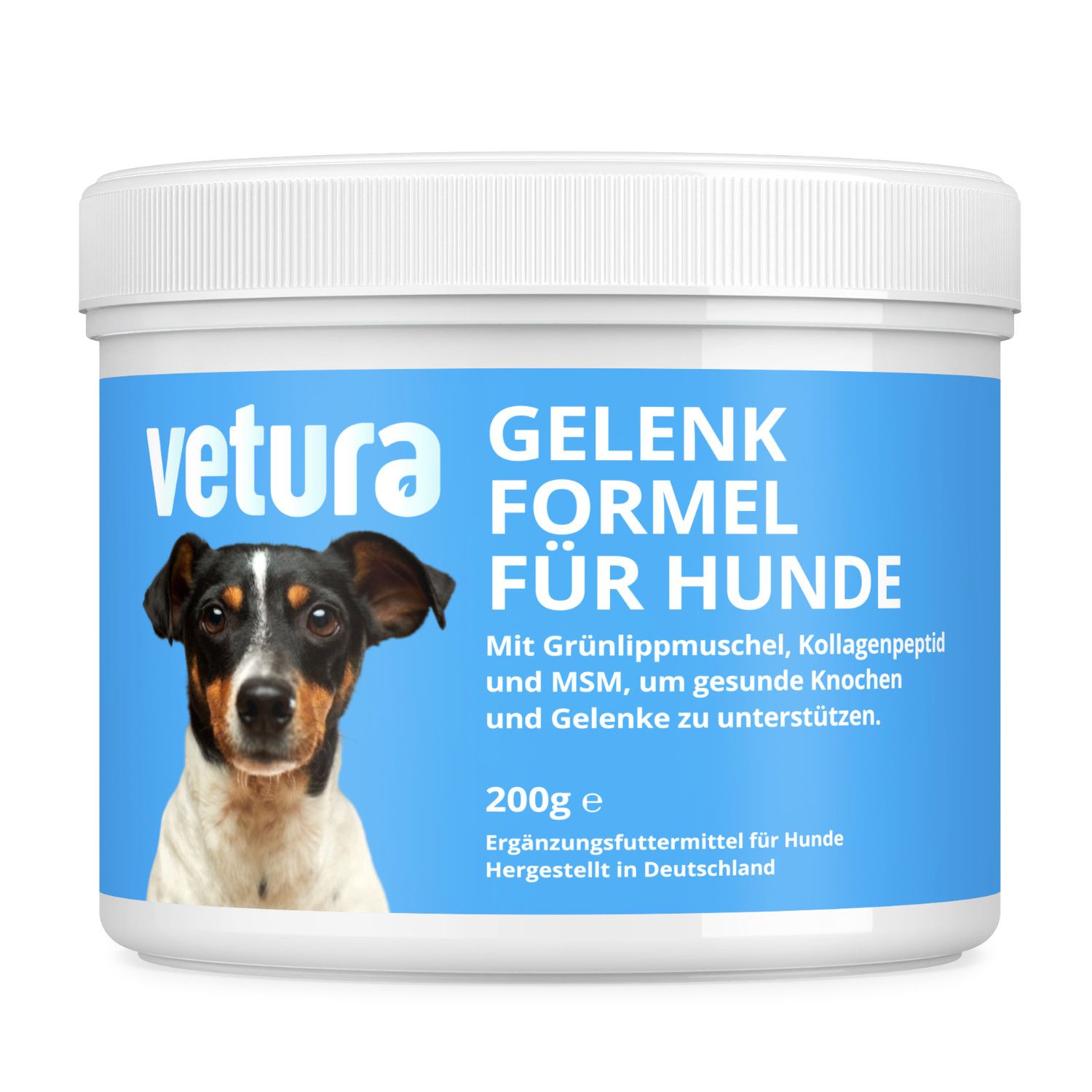Weißer Behälter mit blauem Etikett. Aufschrift: Vetura Gelenk-Formel für Hunde. Abbildung eines Hundes. 200g.