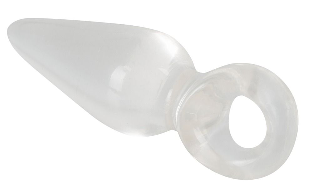 Transparenter Finger Plug aus flexiblem TPR, isoliert dargestellt. 9,5 cm Länge, 2,7 cm Durchmesser.