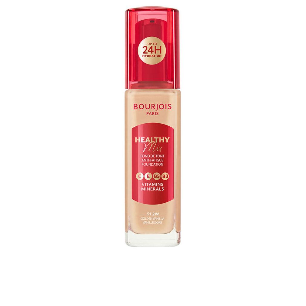 Make-up-Basis, Bourjois Healthy Mix. Flasche mit rotem Deckel. Aufschrift: Healthy Mix, 24H Hydratation, Vitamine, Mineralien. Farbton: 51.2W Golden Vanilla.
