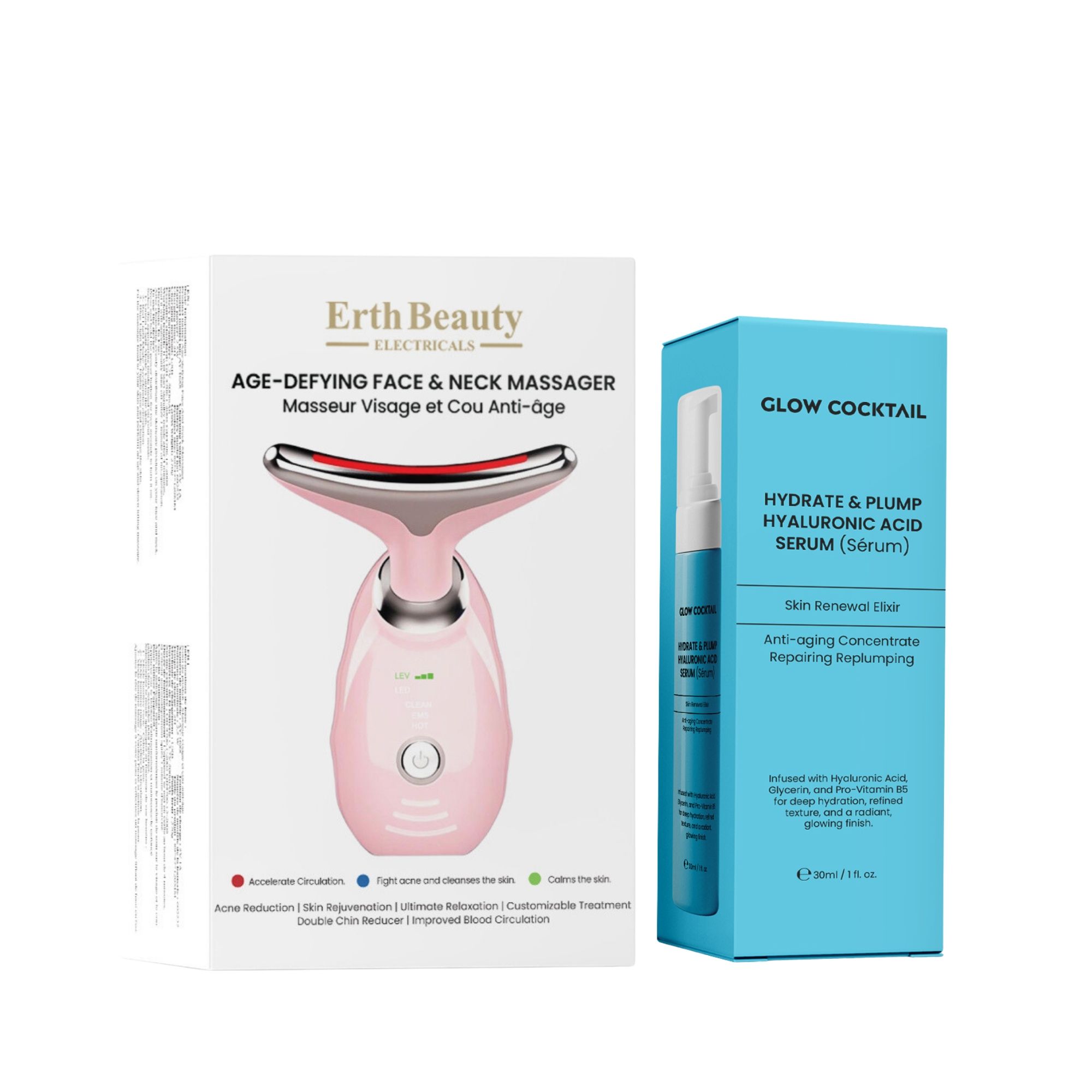 Glow Cocktail Anti Aging Gesichts und Halsmassagegerät Pink mit Hyaluronsäure Serum