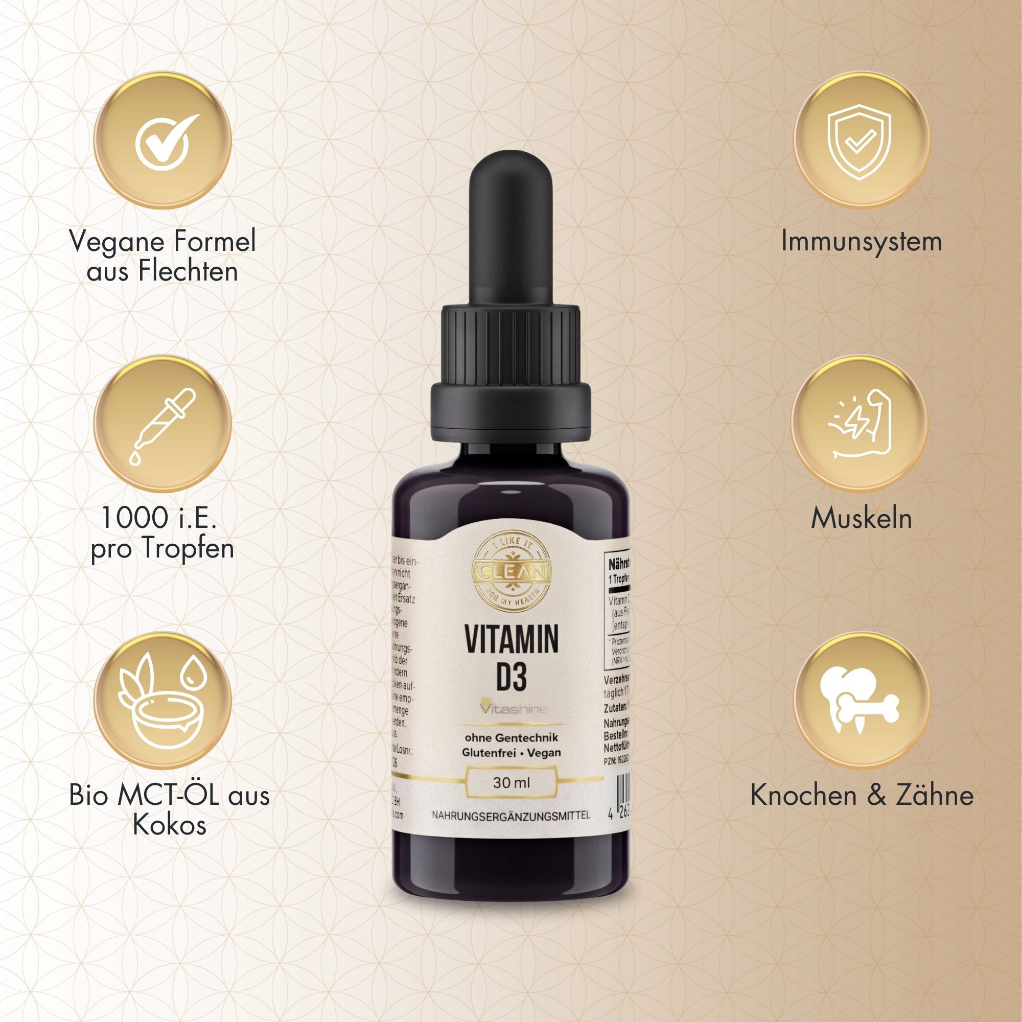 Braune Glasflasche mit schwarzem Deckel und Pipette. Aufschrift: Vitamin D3. Vegan, glutenfrei. 30 ml.