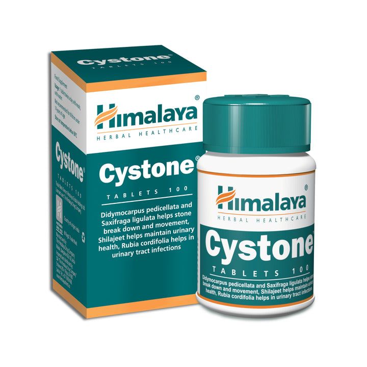 Himalaya Cystone Tabletten. Dose und Schachtel. Grün-weiße Verpackung. Text: Cystone, Himalaya Herbal Healthcare. 100 Tabletten.