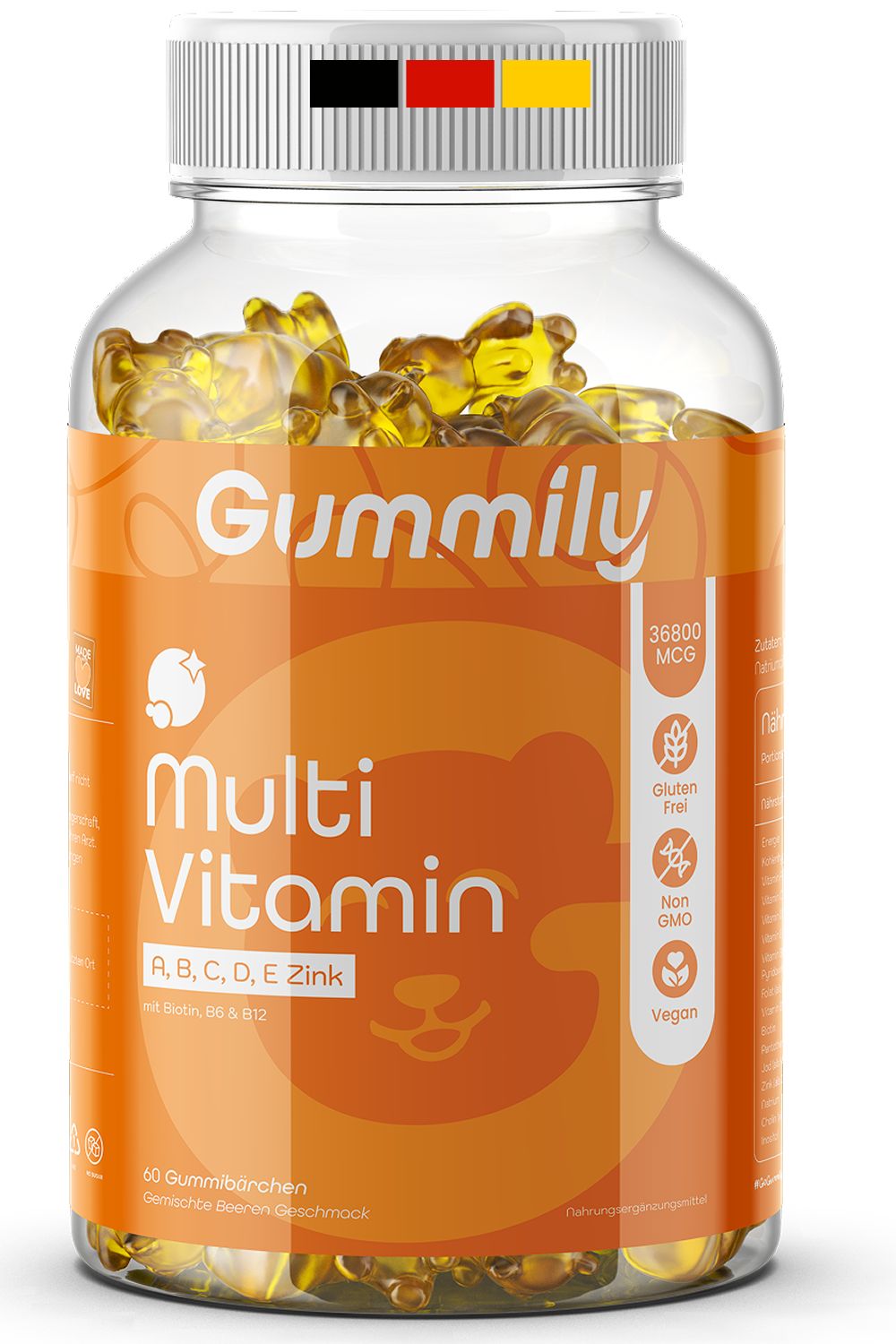 Gummily Multivitamin-Gummibärchen in einer transparenten Flasche. Enthält Biotin, Zink und Vitamine. 60 Gummibärchen.