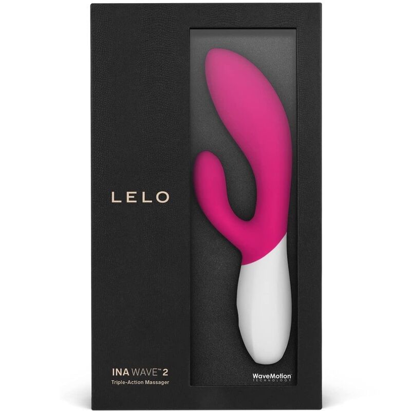 Schwarze Verpackung mit Fenster. Pink-weißer Vibrator sichtbar. Schriftzug LELO und INA WAVE 2.