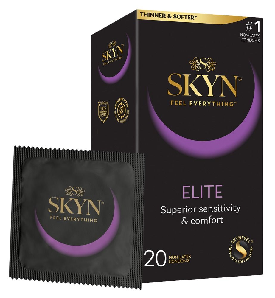SKYN Elite Kondom-Packung und einzelnes Kondom. 20 Kondome. Schwarze Verpackung mit Logo und Text.