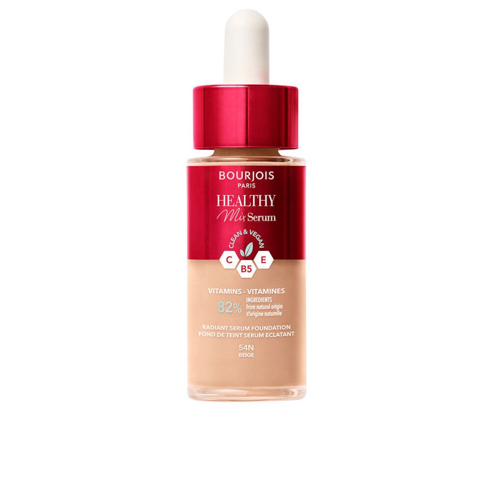 Foundation-Fläschchen mit rotem Deckel und Pipette. Aufschrift 'Bourjois Healthy Mix Serum'. Farbton 54N Beige.