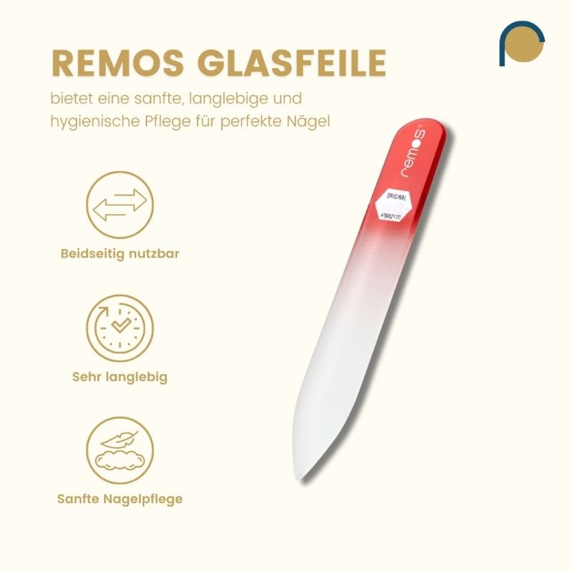 Glasnagelfeile, rot-weiß, mit Text. Beschriftung: Beidseitig nutzbar, sehr langlebig, sanfte Nagelpflege.