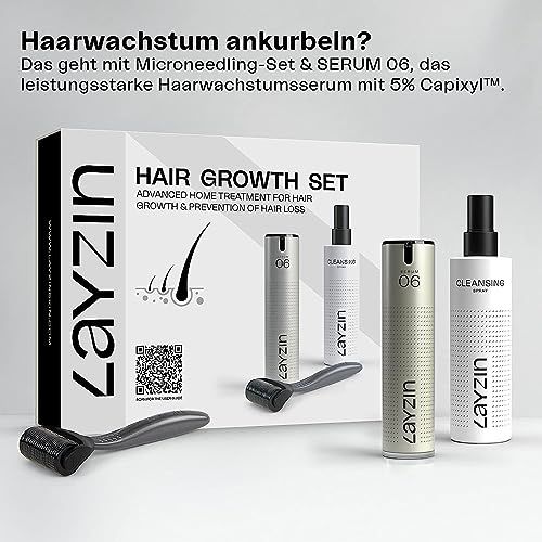 Produktverpackung mit Serum, Roller und Spray. Text: HAIR GROWTH SET. LAYZIN-Logo. QR-Code.