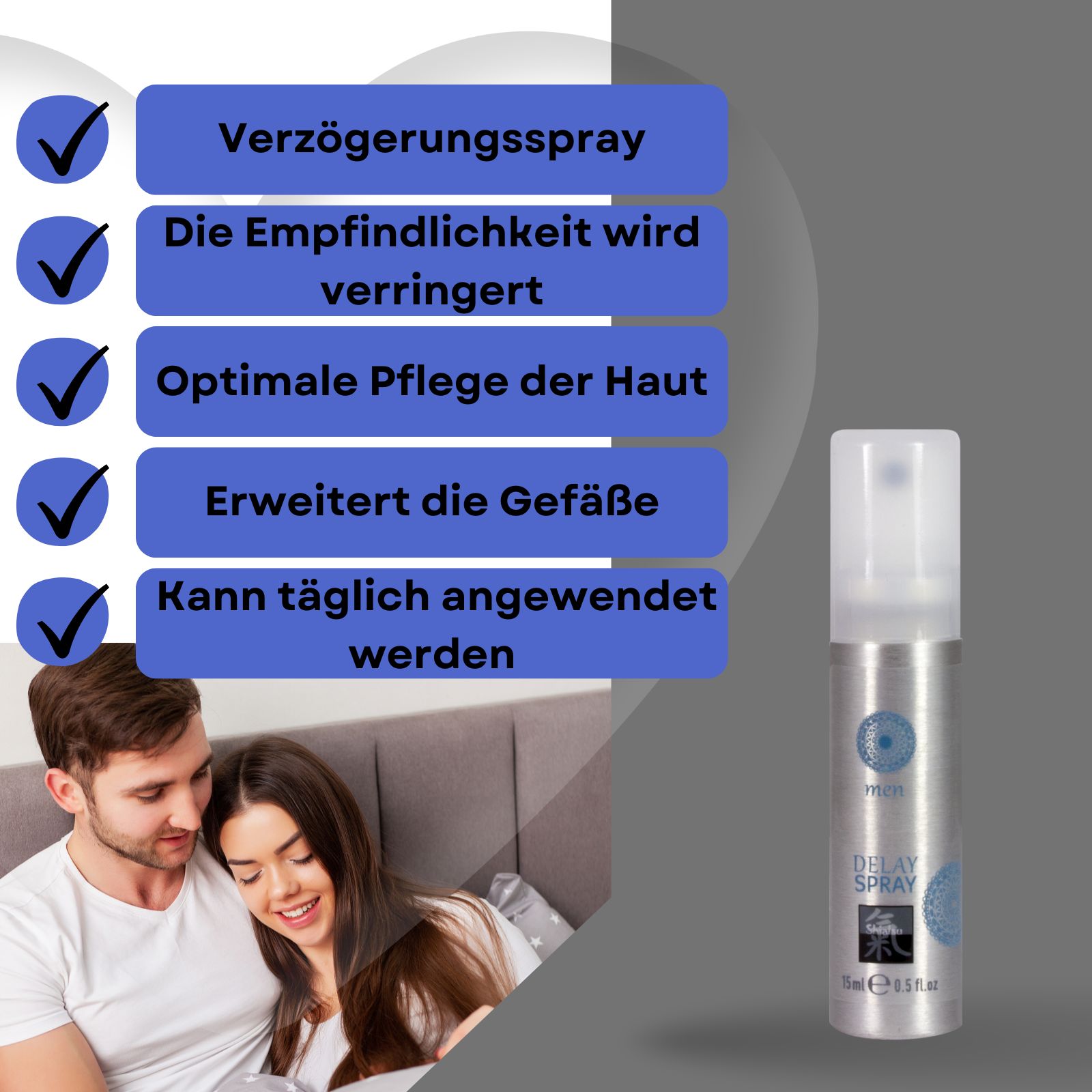 Produkt und Text auf blauem Hintergrund. Text: Verzögerungsspray, Die Empfindlichkeit wird verringert, etc. Sprühflasche.