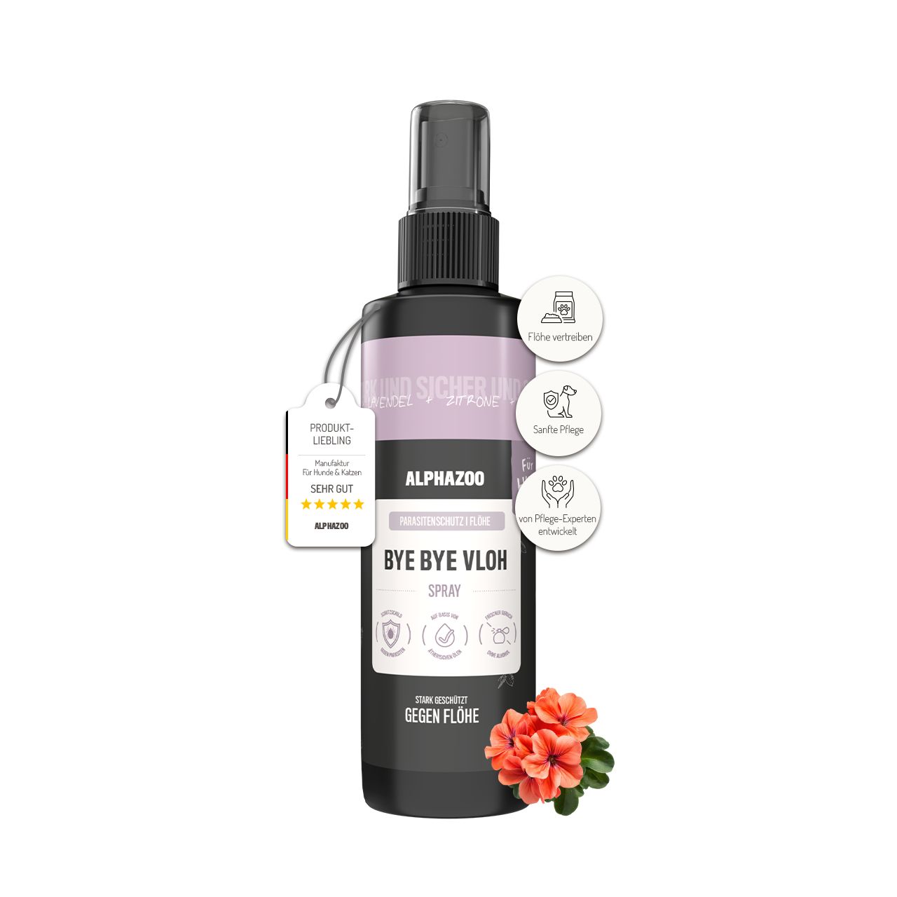 ALPHAZOO ByeByeVloh Spray. Schwarze Flasche mit Sprühkopf. Produktetikett mit Text und Logo. Anhänger mit Bewertung.