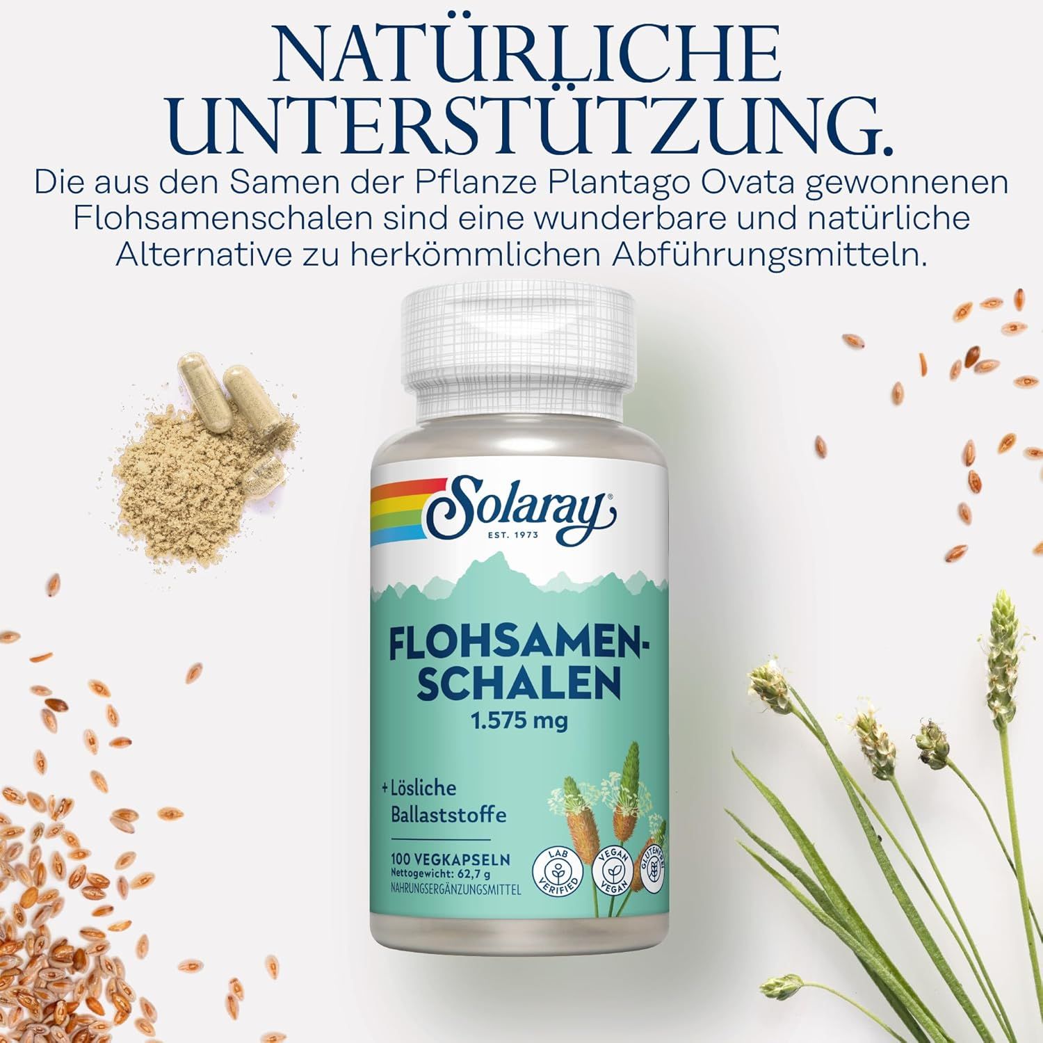 Solaray Flohsamenschalen Kapseln mit 1.575 mg pro Portion. Enthält lösliche Ballaststoffe. 100 Vegakapseln.