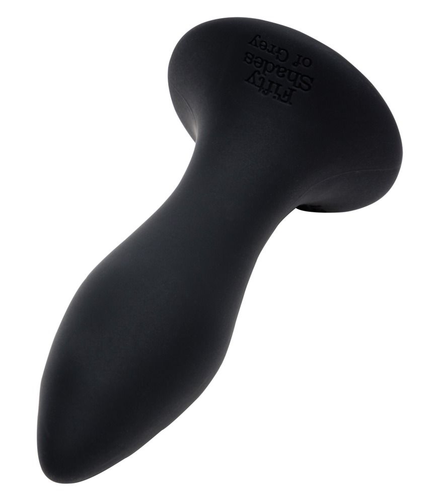Schwarzer Analplug, leicht gebogen. Basis mit Schriftzug 'Fifty Shades of Grey'.