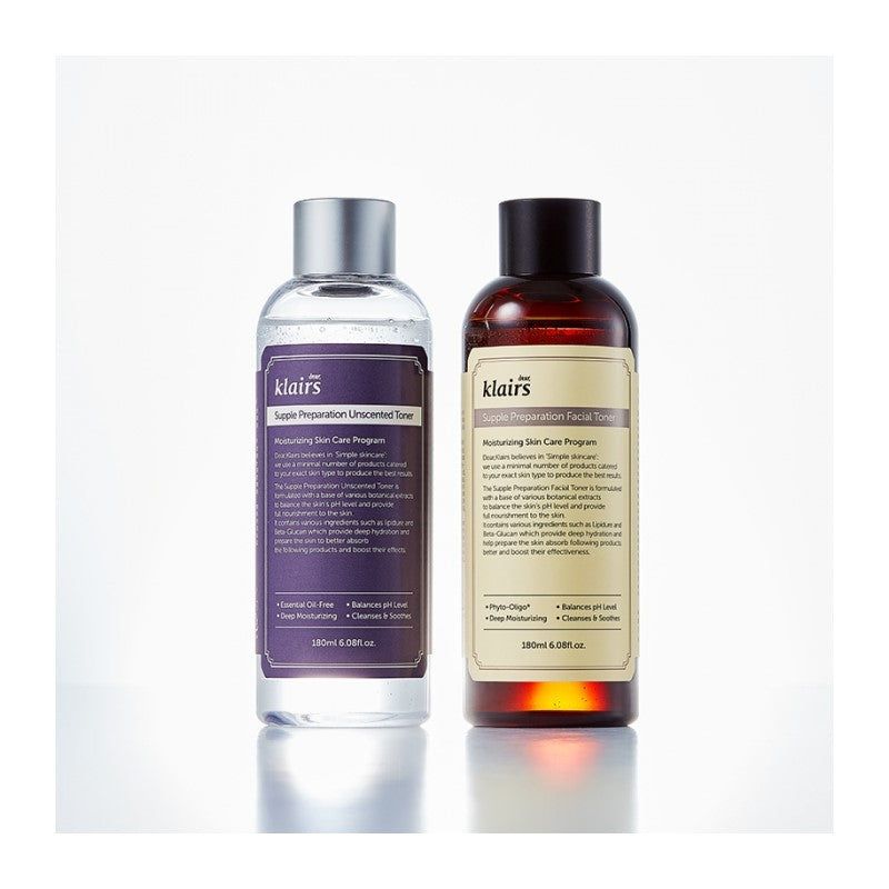 Zwei Flaschen. Eine transparent, eine braun. Aufschrift: Dear Klairs Supple Preparation Toner. 180 ml. Mit Schraubverschluss.
