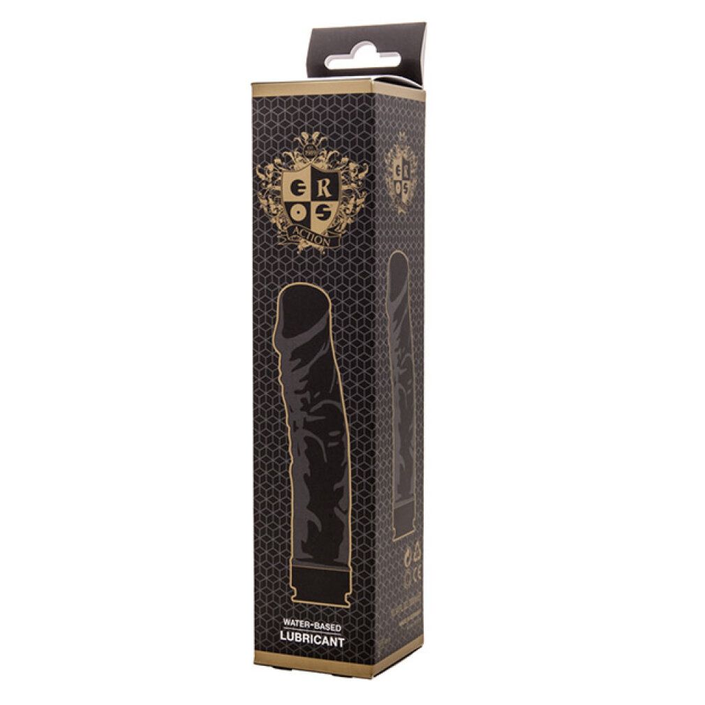 Schwarze Verpackung mit Logo und Produktabbildung. Text: Water-Based Lubricant. Goldfarbene Akzente.