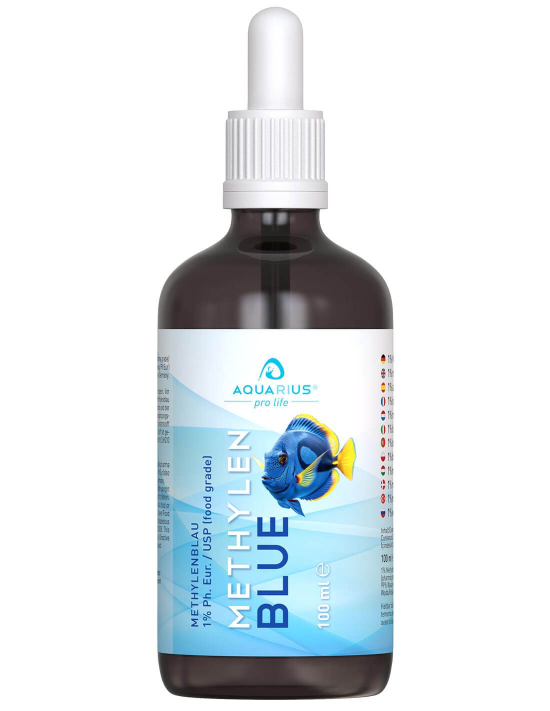 Braune Flasche mit Tropfer. Aufschrift: METHYLEN BLUE, AQUARIUS pro life. Etikett mit Text. 100 ml.