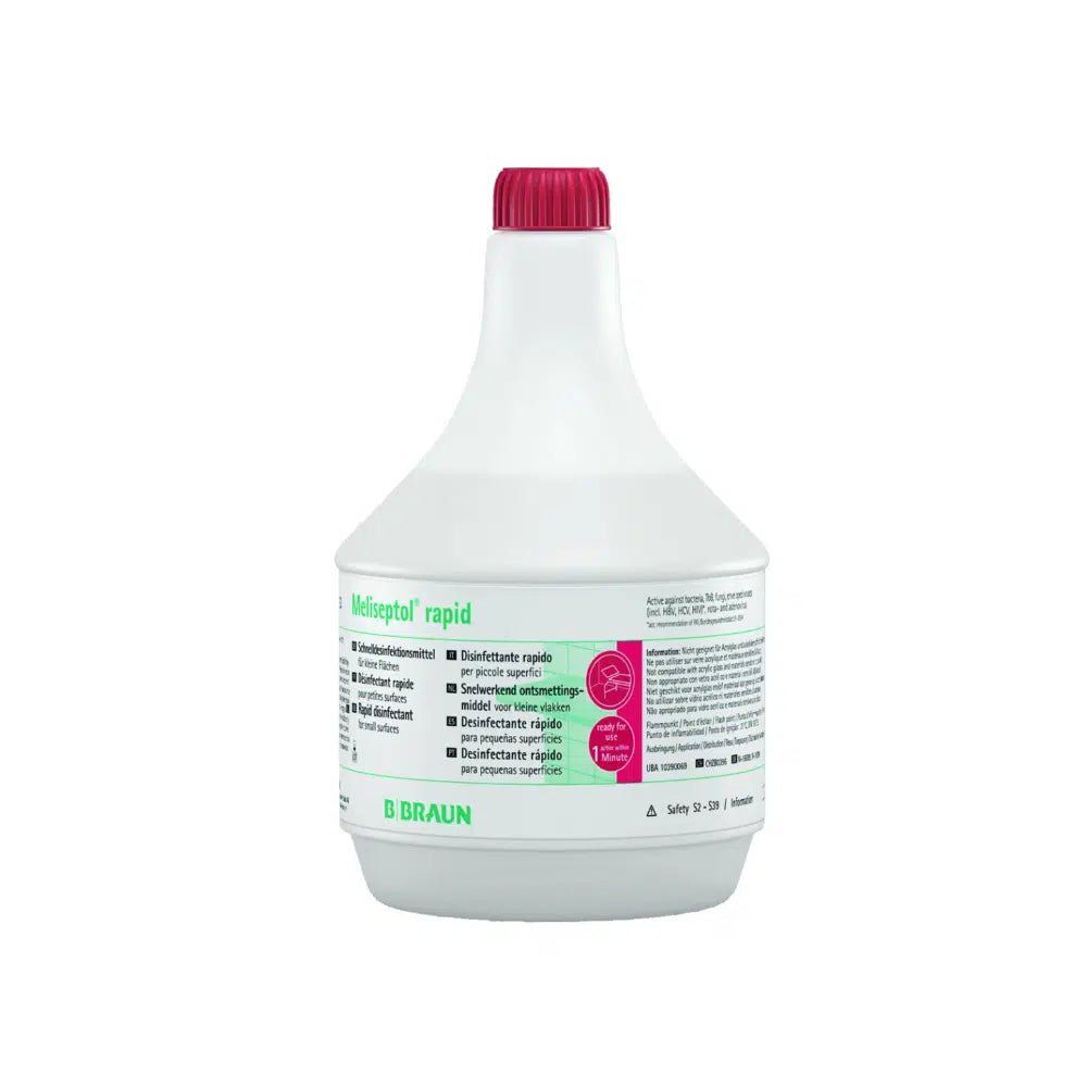 Weiße Flasche mit rotem Verschluss. Aufschrift Meliseptol rapid und B. Braun. Etikett mit Produktinformationen.