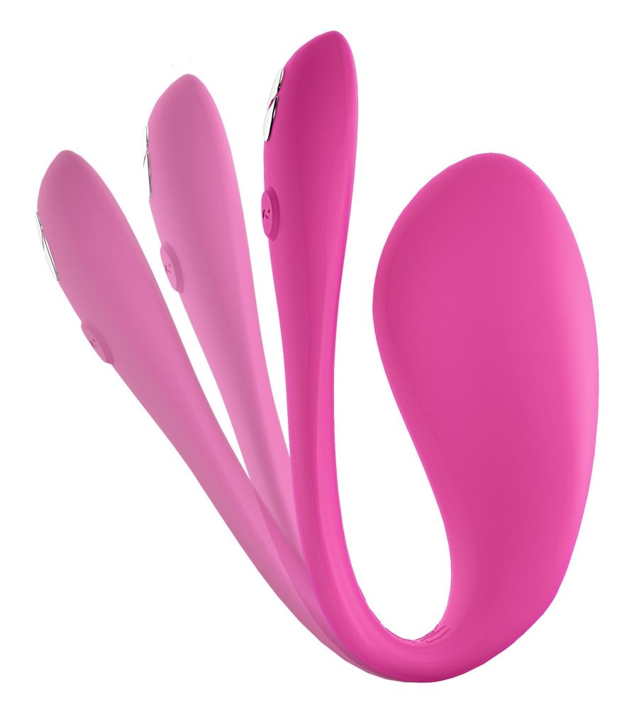 Pinker Vibrator in drei Biegepositionen. Zeigt die flexible Form und die abgerundete Spitze.