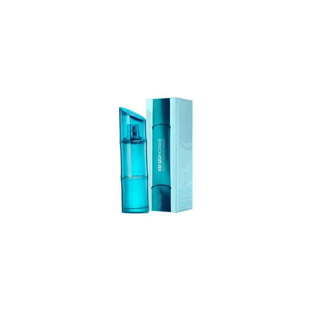 Blaues Kenzo Homme Eau de Toilette Marine Flakon und Verpackung. Aufschrift: KENZO HOMME, Eau de Toilette Marine.