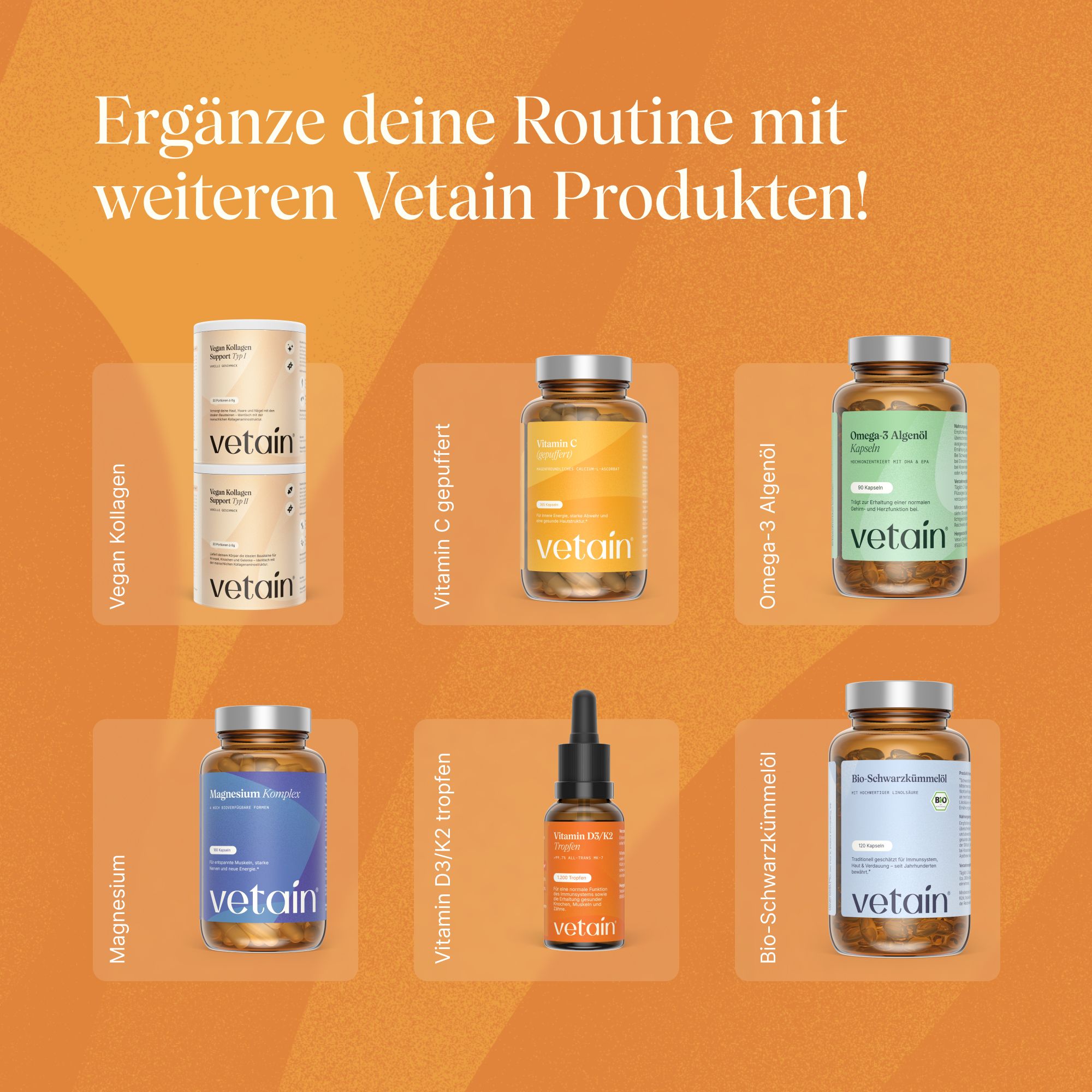 VETAIN Produktübersicht: Vegan Kollagen, Vitamin C, Omega-3, Magnesium, Vitamin D/K, Schwarzkümmel.