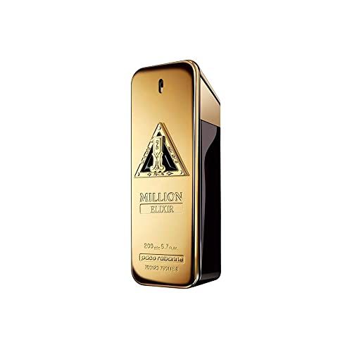 Goldfarbener Flakon mit schwarzem Akzent. Aufschrift "Million Elixir".